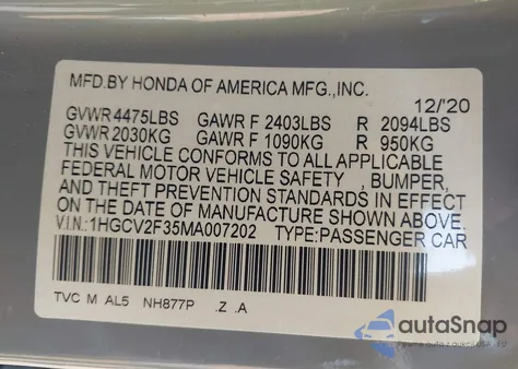 2021 Honda Accord Sport из США, поврежденный, VIN 1HGCV2F35MA007202